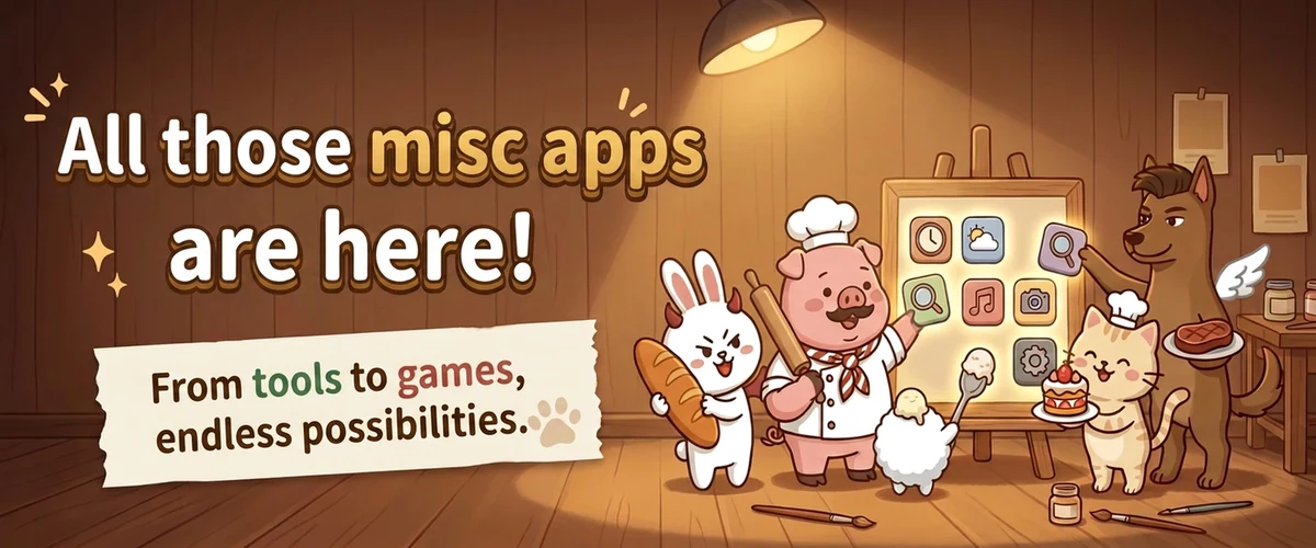 In a wooden workshop, the five FireFrame brand characters gather around a glowing board laid out with app icons. Caption on the image: All those misc apps are here! From tools to games, endless possibilities.